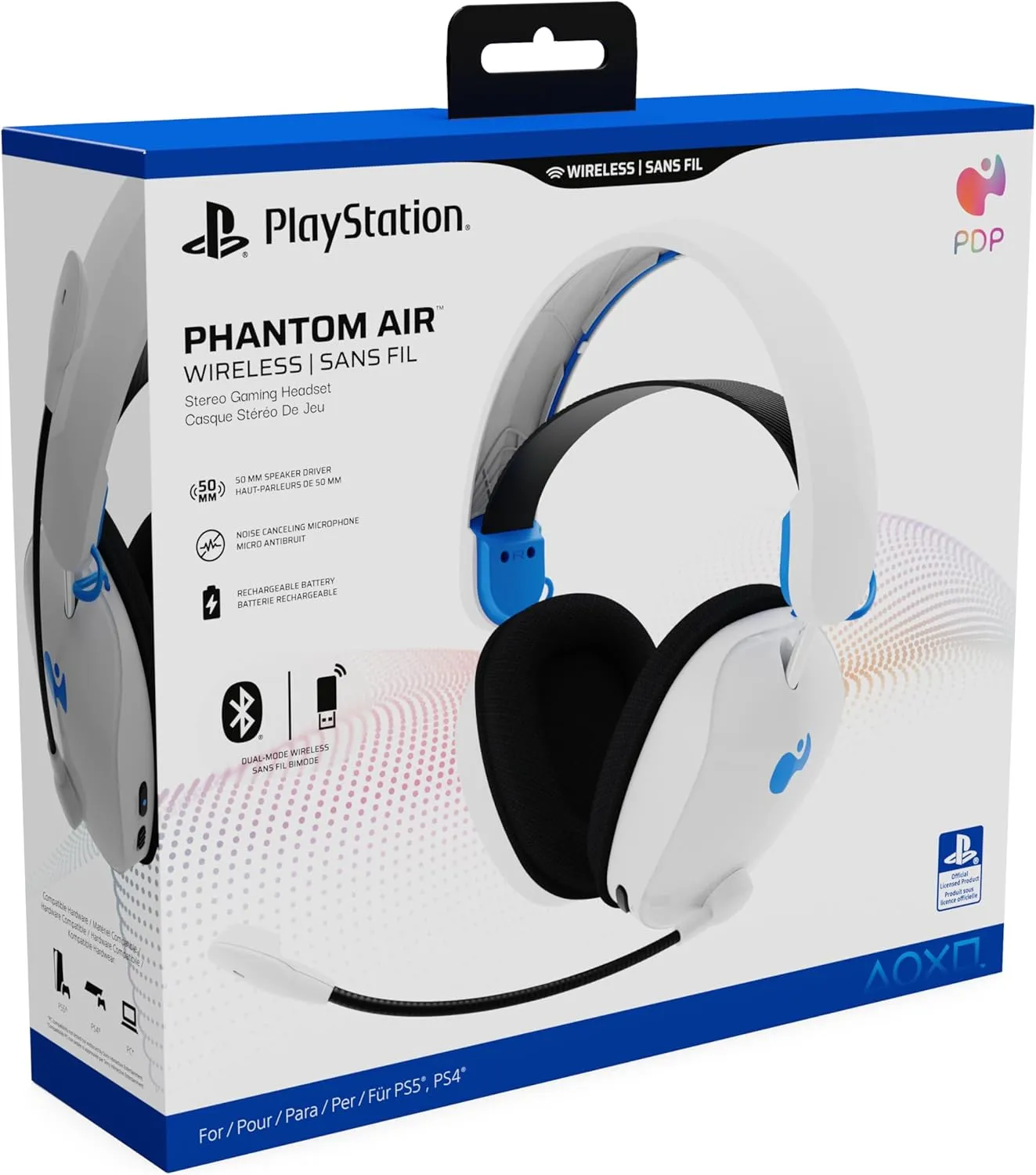 PDP Phantom Air Dual-Mode Wireless Gaming Headset for PlayStation: PS5, PS4, PC, Bluetooth Compatible, Rechargeable 35-Hour Battery, 50mm Drivers, On-ear Headphone Controls, Officially Licensed, White