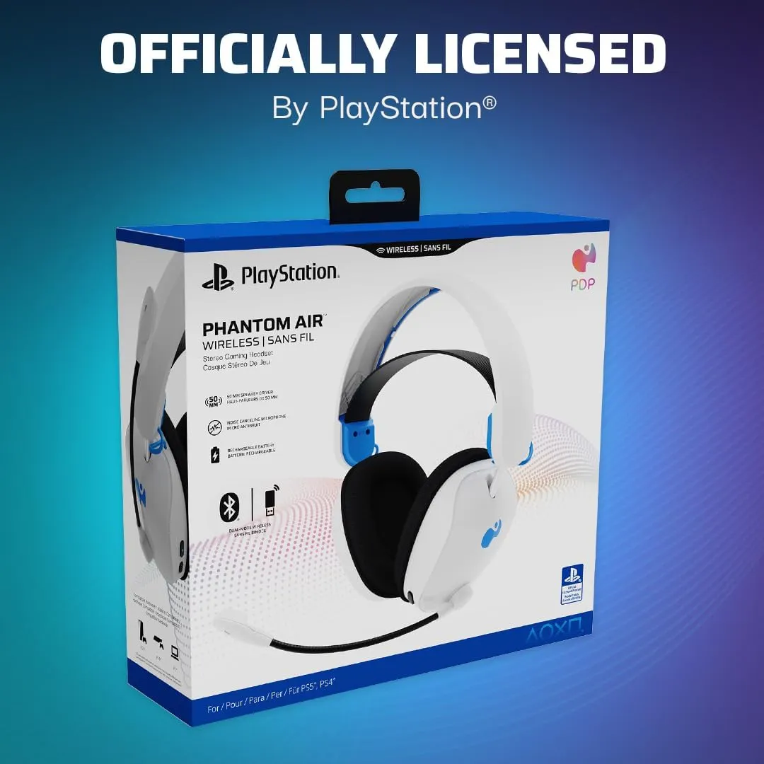 PDP Phantom Air Dual-Mode Wireless Gaming Headset for PlayStation: PS5, PS4, PC, Bluetooth Compatible, Rechargeable 35-Hour Battery, 50mm Drivers, On-ear Headphone Controls, Officially Licensed, White