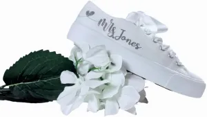 Personalized Wedding Canvas Sneakers, White Bridal Shoes with Custom Name and Date, Satin Laces