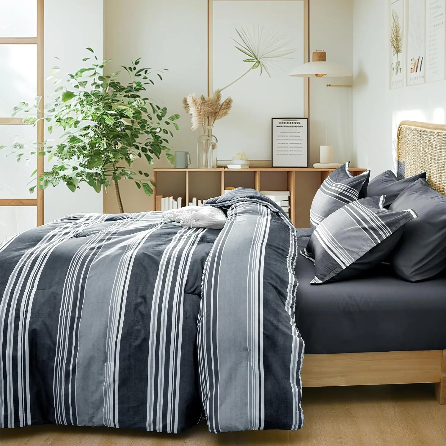 PHF 7 Pieces King Comforter Set, Striped Bed in A Bag, Charcoal Grey Stripe Bedding & 18" Deep Pocket All Season, Ultra Soft Bedding Sets with Comforter, Sheets, Pillowcases & Shams
