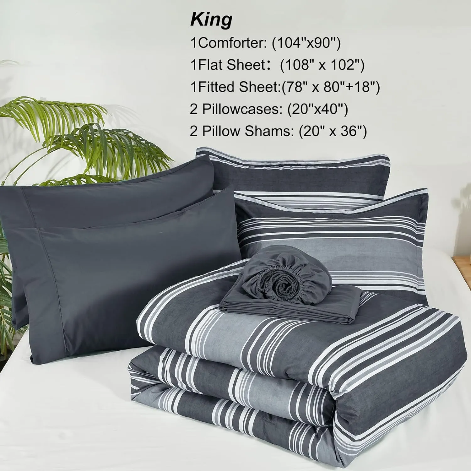 PHF 7 Pieces King Comforter Set, Striped Bed in A Bag, Charcoal Grey Stripe Bedding & 18" Deep Pocket All Season, Ultra Soft Bedding Sets with Comforter, Sheets, Pillowcases & Shams