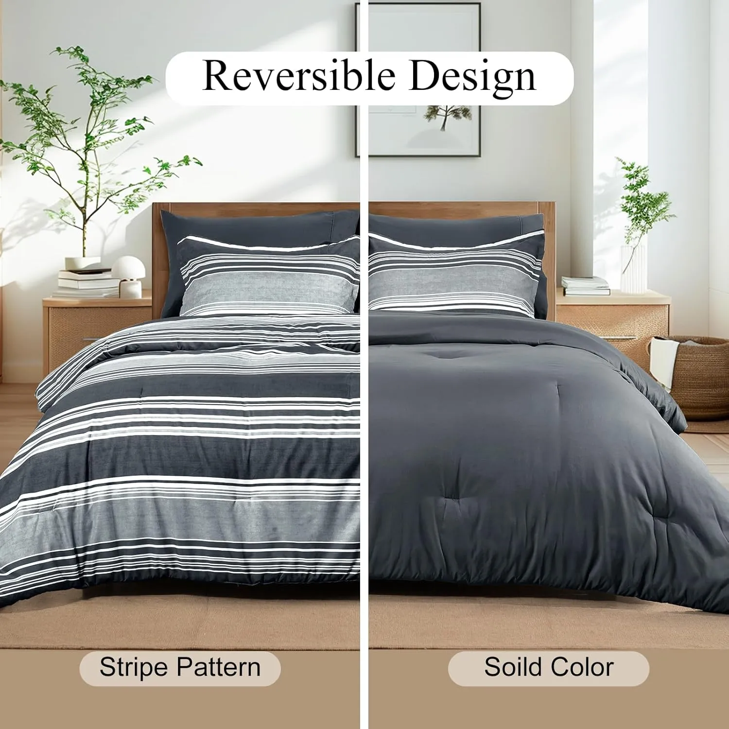 PHF 7 Pieces King Comforter Set, Striped Bed in A Bag, Charcoal Grey Stripe Bedding & 18" Deep Pocket All Season, Ultra Soft Bedding Sets with Comforter, Sheets, Pillowcases & Shams