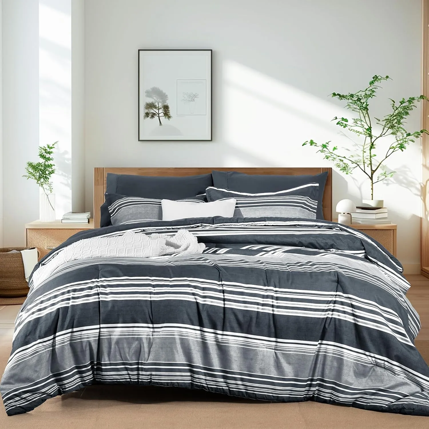 PHF 7 Pieces King Comforter Set, Striped Bed in A Bag, Charcoal Grey Stripe Bedding & 18" Deep Pocket All Season, Ultra Soft Bedding Sets with Comforter, Sheets, Pillowcases & Shams