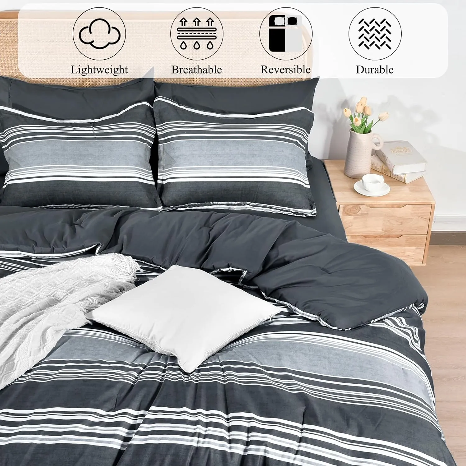 PHF 7 Pieces King Comforter Set, Striped Bed in A Bag, Charcoal Grey Stripe Bedding & 18" Deep Pocket All Season, Ultra Soft Bedding Sets with Comforter, Sheets, Pillowcases & Shams