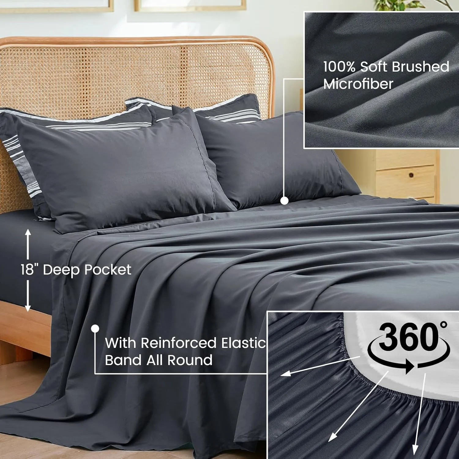 PHF 7 Pieces King Comforter Set, Striped Bed in A Bag, Charcoal Grey Stripe Bedding & 18" Deep Pocket All Season, Ultra Soft Bedding Sets with Comforter, Sheets, Pillowcases & Shams
