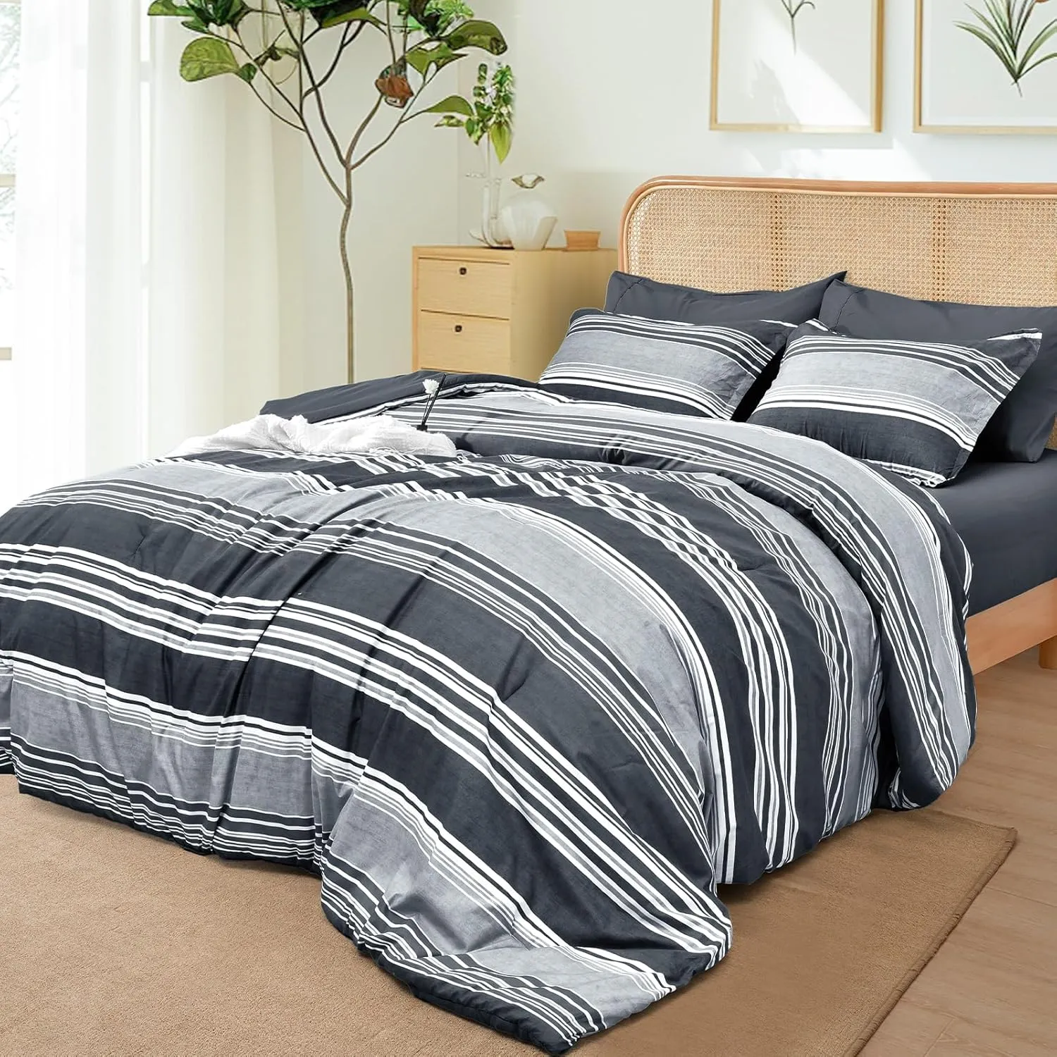PHF 7 Pieces King Comforter Set, Striped Bed in A Bag, Charcoal Grey Stripe Bedding & 18" Deep Pocket All Season, Ultra Soft Bedding Sets with Comforter, Sheets, Pillowcases & Shams