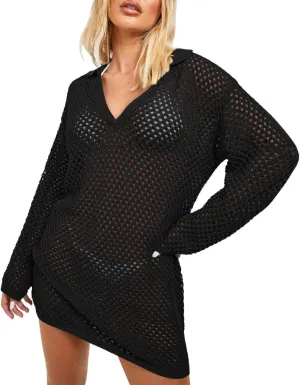 Pink Queen Crochet Swimsuit Cover Up for Women 2025 Sexy Hollow Out Bikini Bathing Suit Coverup Knit Beach Swimwear Dress