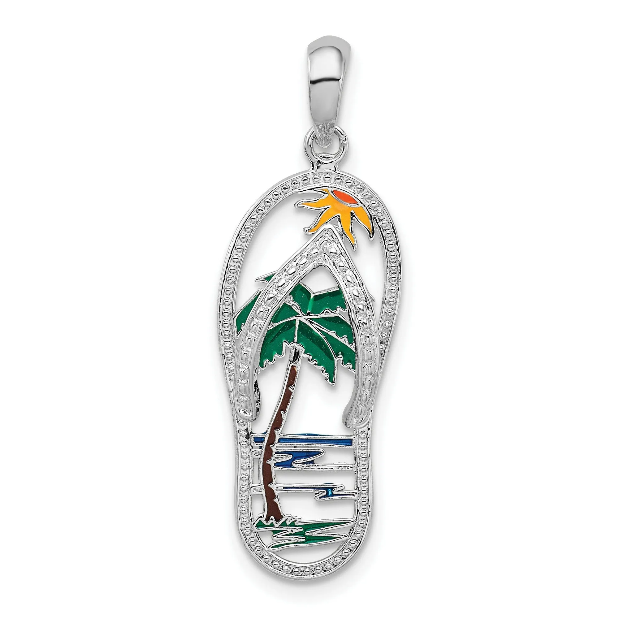 Polished Enameled Palm Tree Flip-flop Charm Pendant in Real 925 Sterling Silver