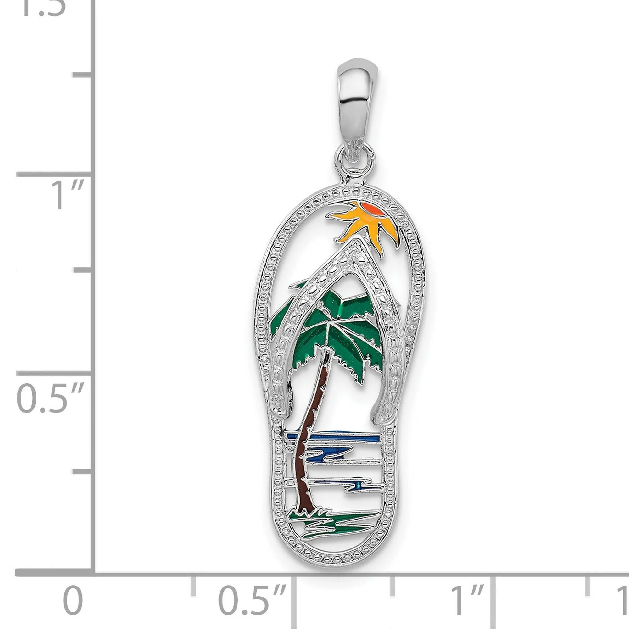 Polished Enameled Palm Tree Flip-flop Charm Pendant in Real 925 Sterling Silver