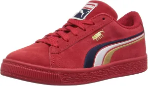 Puma Girl's Suede Classic Embroidery Sneaker, Ribbon Red-Peacoat-White-Team Gold, 13 M US Little Kid
