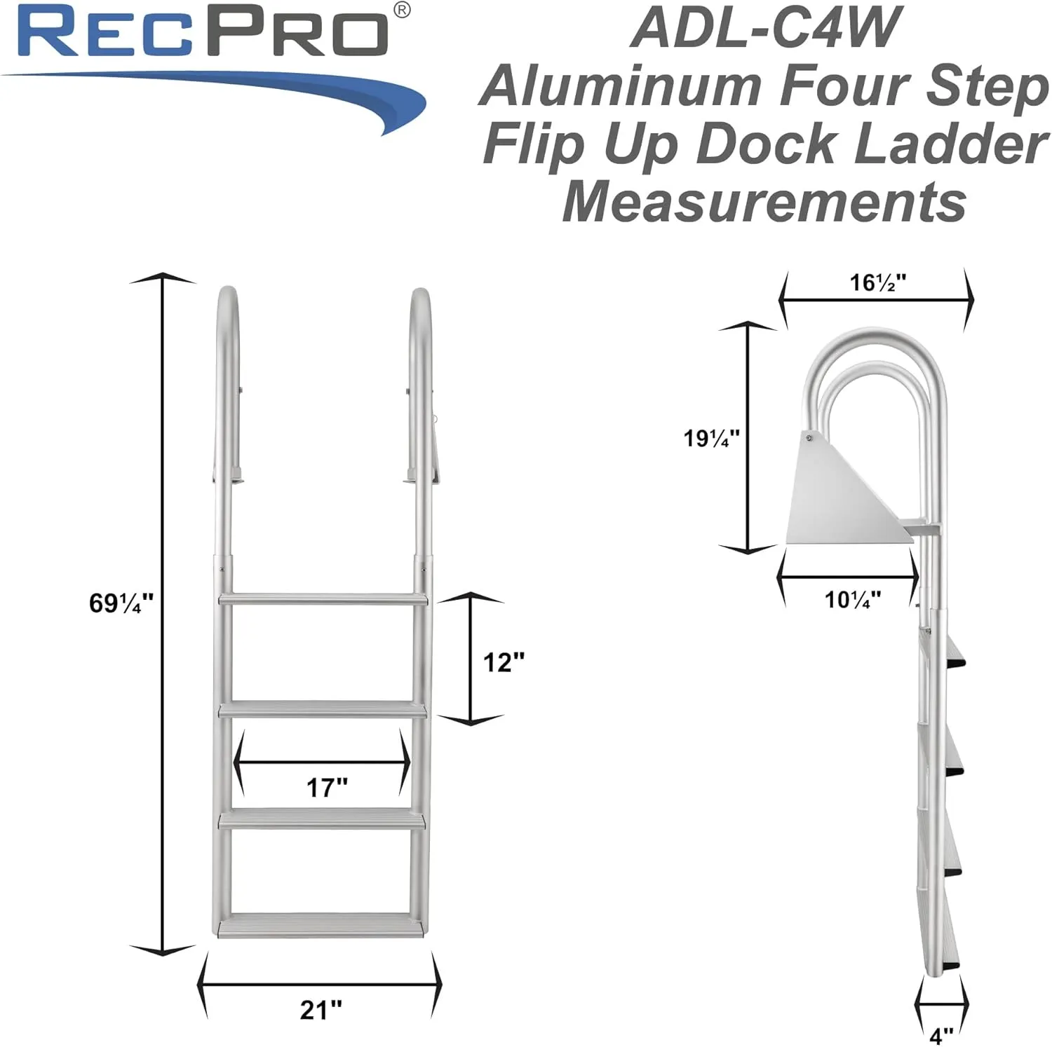 RecPro Marine 4 Step Flip Up and Stationary Boat Dock Swim Ladder 20" Wide