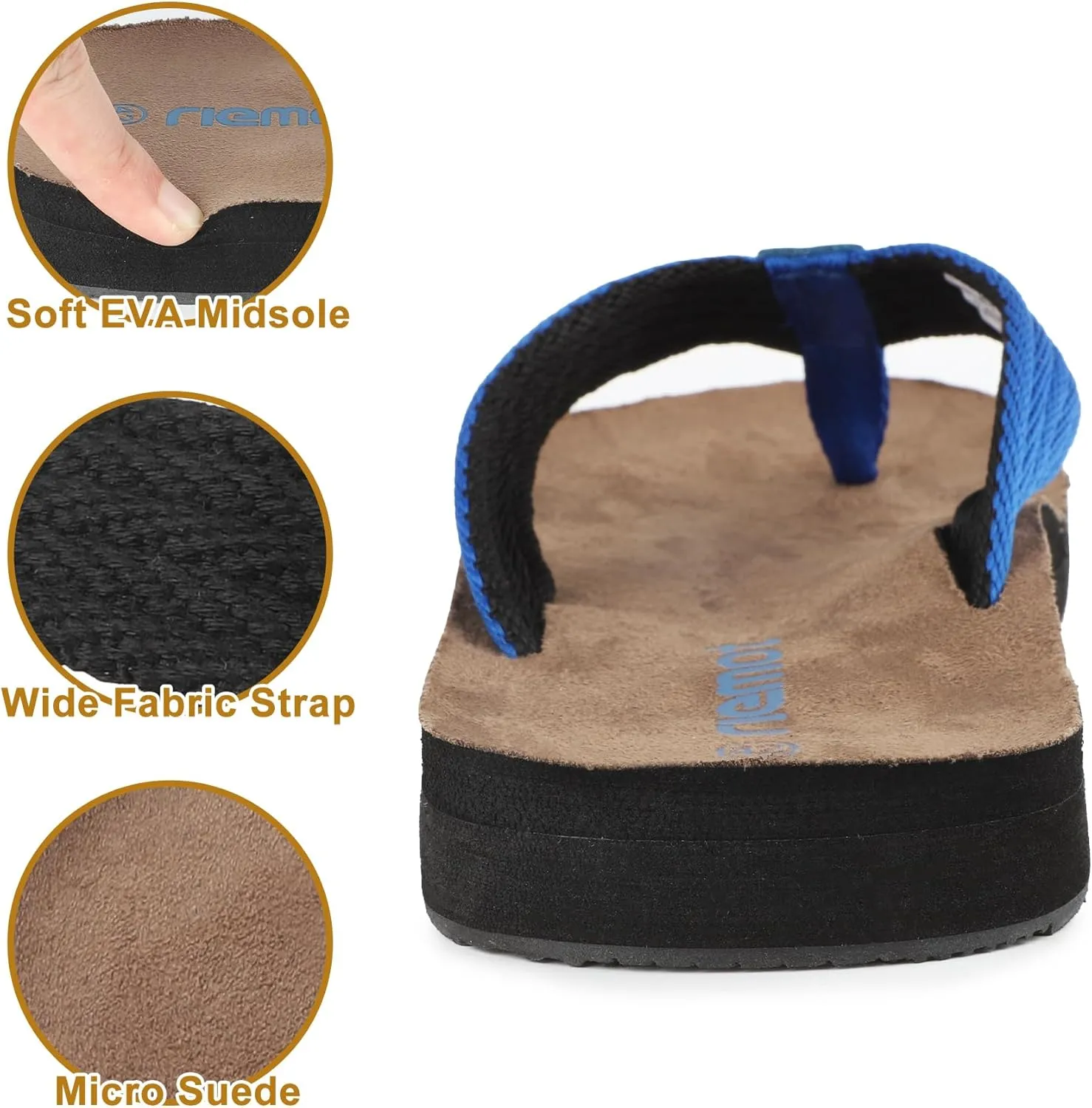riemot Beach Flip Flops for Men Arch Support Sandals Summer Suede 3 Point Flip-Flop Classical Thongs Sandal for Beach Swimming Pool Home Shower Shoes US9/14