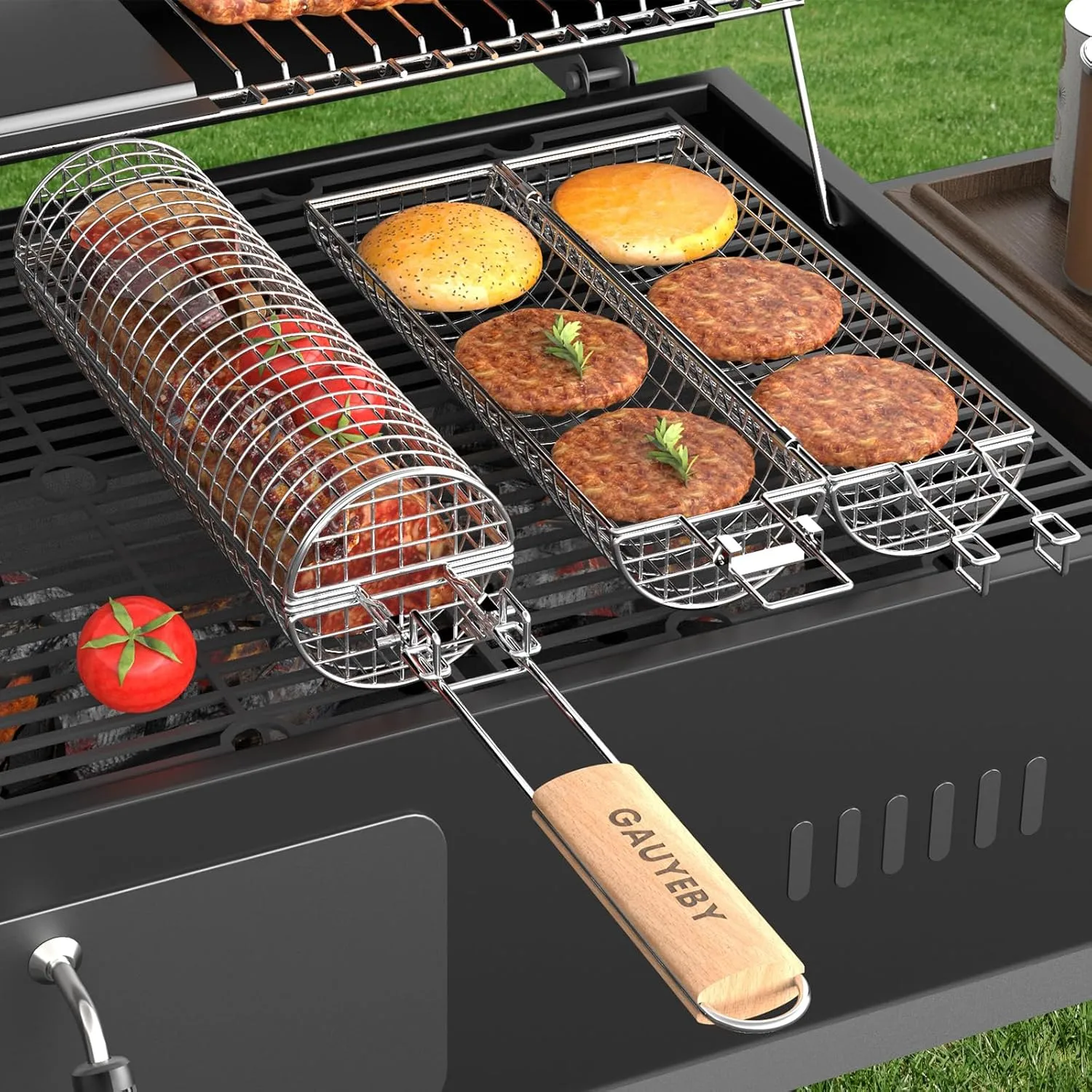 Rolling Grill Basket, Grilling Baskets for Outdoor Grilling, REMOVABLE HANDLE, Anti-Scorch Stainless Steel BBQ Net Tube for Meat, Shrimp, Vegetables, Grill Accessories, Gifts for Dad, Husband (1PCS (Round))