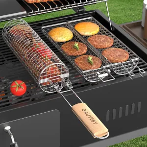 Rolling Grill Basket, Grilling Baskets for Outdoor Grilling, REMOVABLE HANDLE, Anti-Scorch Stainless Steel BBQ Net Tube for Meat, Shrimp, Vegetables, Grill Accessories, Gifts for Dad, Husband (1PCS (Round))