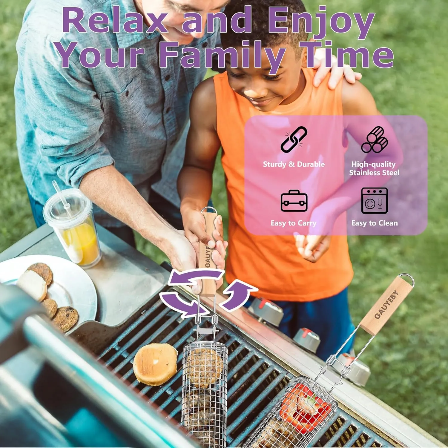 Rolling Grill Basket, Grilling Baskets for Outdoor Grilling, REMOVABLE HANDLE, Anti-Scorch Stainless Steel BBQ Net Tube for Meat, Shrimp, Vegetables, Grill Accessories, Gifts for Dad, Husband (1PCS (Round))