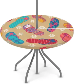 Round Fitted Tablecloth with Umbrella Hole Summer Flip Flop Outdoor Fitted Tablecloth with Zipper Round Elastic Table Cover Waterproof Umbrella Table Cloth 36"-44" Patio Picnic Outdoor Tablecloth