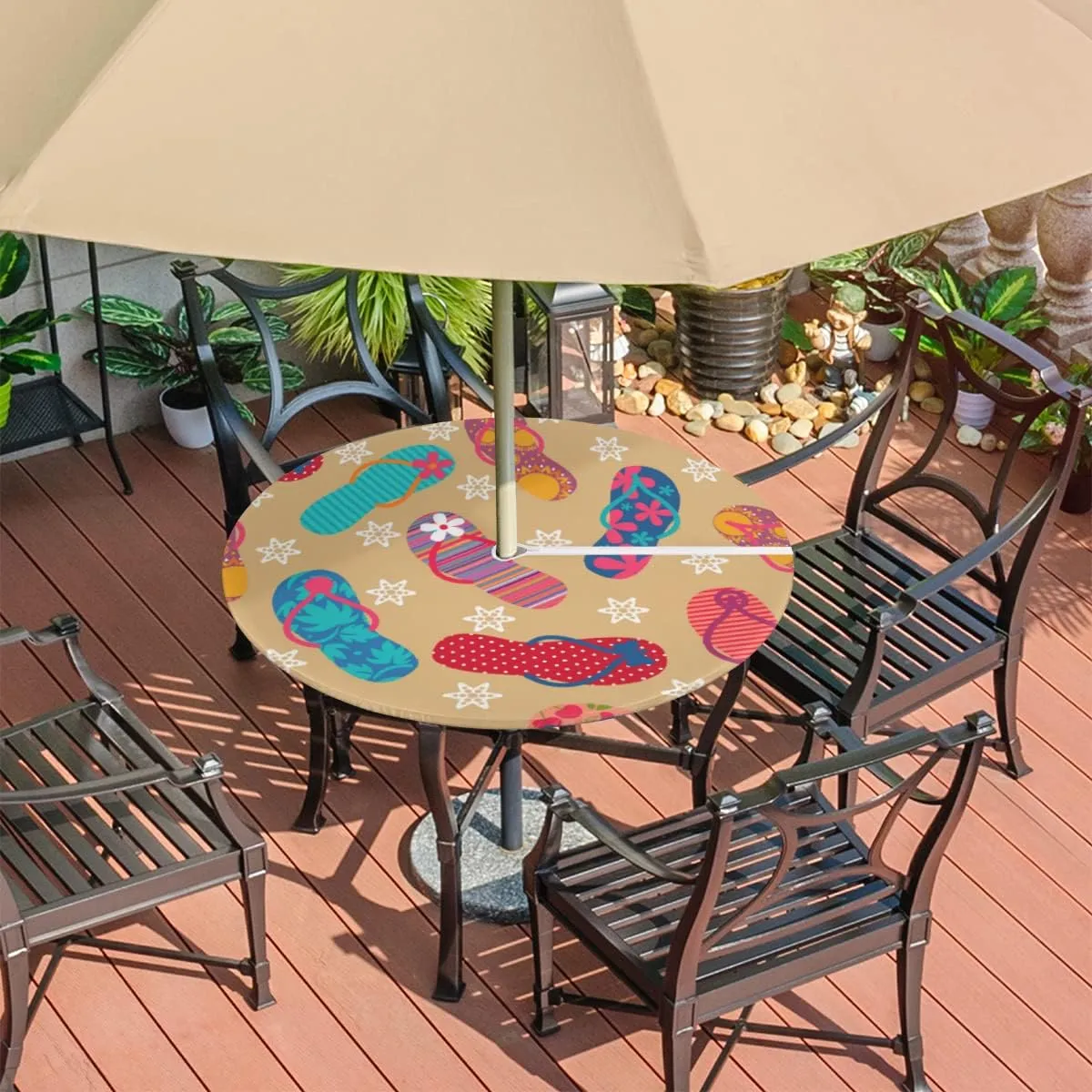 Round Fitted Tablecloth with Umbrella Hole Summer Flip Flop Outdoor Fitted Tablecloth with Zipper Round Elastic Table Cover Waterproof Umbrella Table Cloth 36"-44" Patio Picnic Outdoor Tablecloth