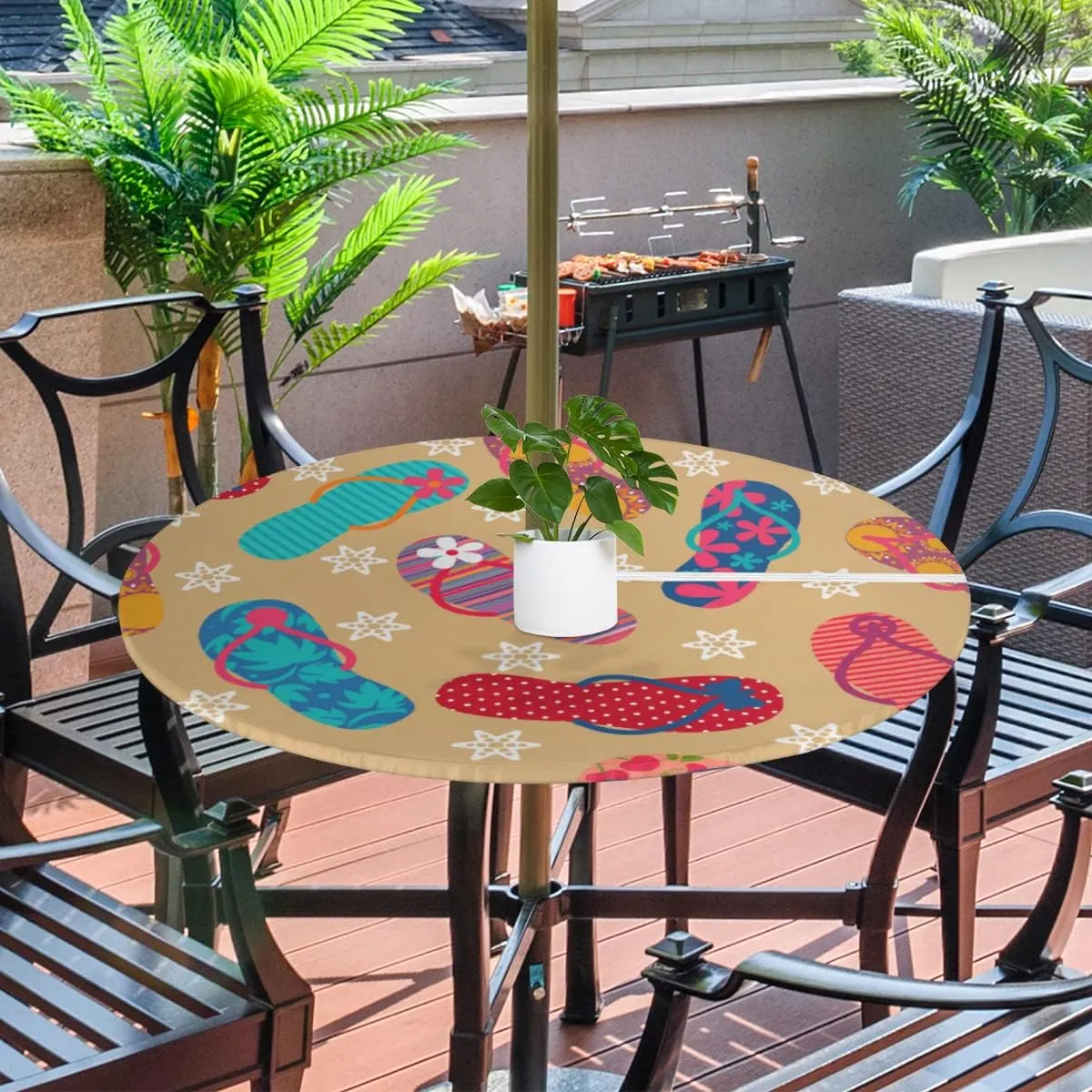 Round Fitted Tablecloth with Umbrella Hole Summer Flip Flop Outdoor Fitted Tablecloth with Zipper Round Elastic Table Cover Waterproof Umbrella Table Cloth 36"-44" Patio Picnic Outdoor Tablecloth