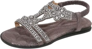 Sandals Women Summer Beach Boho Sandals 2025 Crystal Rhinestone Sandal Elastic Ankle Strap Vacation Shoes
