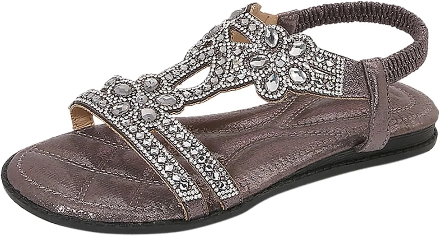 Sandals Women Summer Beach Boho Sandals 2025 Crystal Rhinestone Sandal Elastic Ankle Strap Vacation Shoes