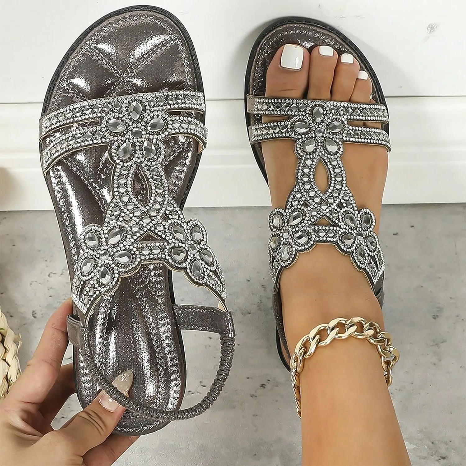 Sandals Women Summer Beach Boho Sandals 2025 Crystal Rhinestone Sandal Elastic Ankle Strap Vacation Shoes