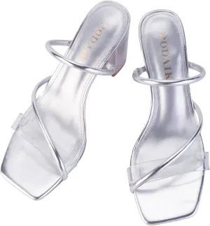 Strappy Heels for Women Mule Heeled Slip on Sandals Clear Straps Chunky Block Slides Open Square Toe Transparent Slippers