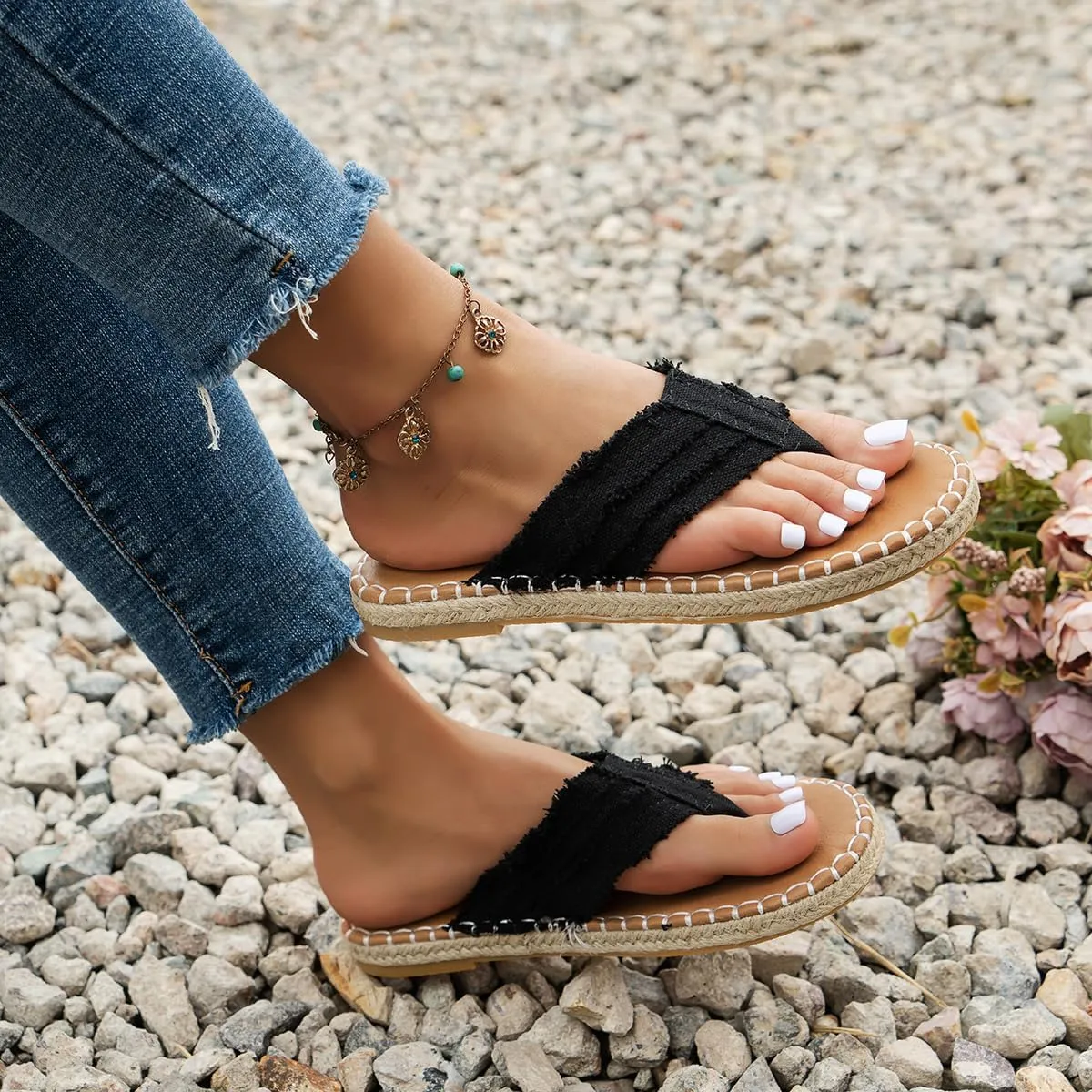 Summer New Flat Clip Toe Fisherman Shoes, Outer Wear Sandals Slippers, Thick Bottom Solid Color Round Toe Buckle Strap Sandals, Stylish Outer Wear Woven Beach Sandals For Women Flip flop