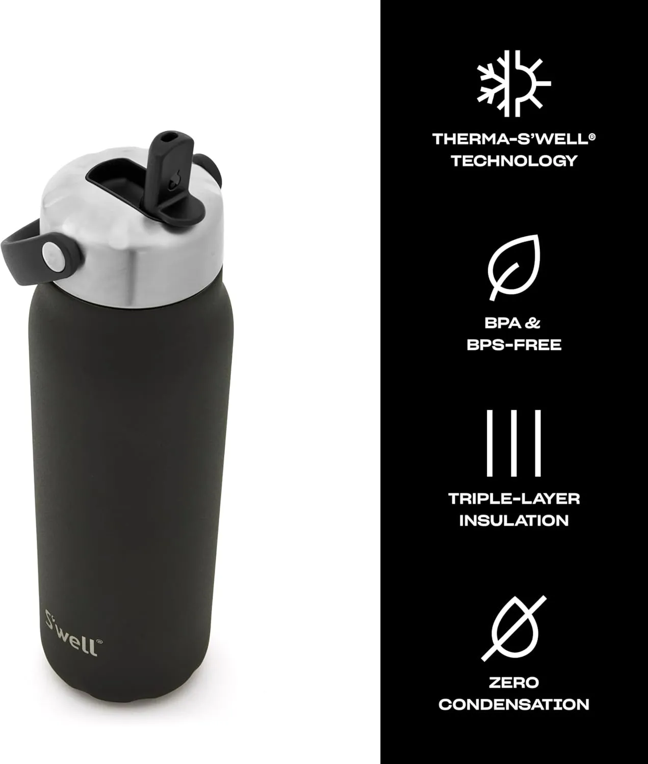 S'well Recycled Stainless Steel Explorer with Flip Straw Lid, 24oz, Onyx, Triple Layered Vacuum Insulated Containers Keeps Drinks Cold for 36 Hours and Hot for 8