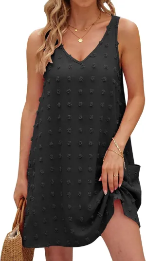 TECREW Women's Summer Sleeveless V Neck Tank Dress Swiss Dot Beach Cover Up Mini Dress with Pockets