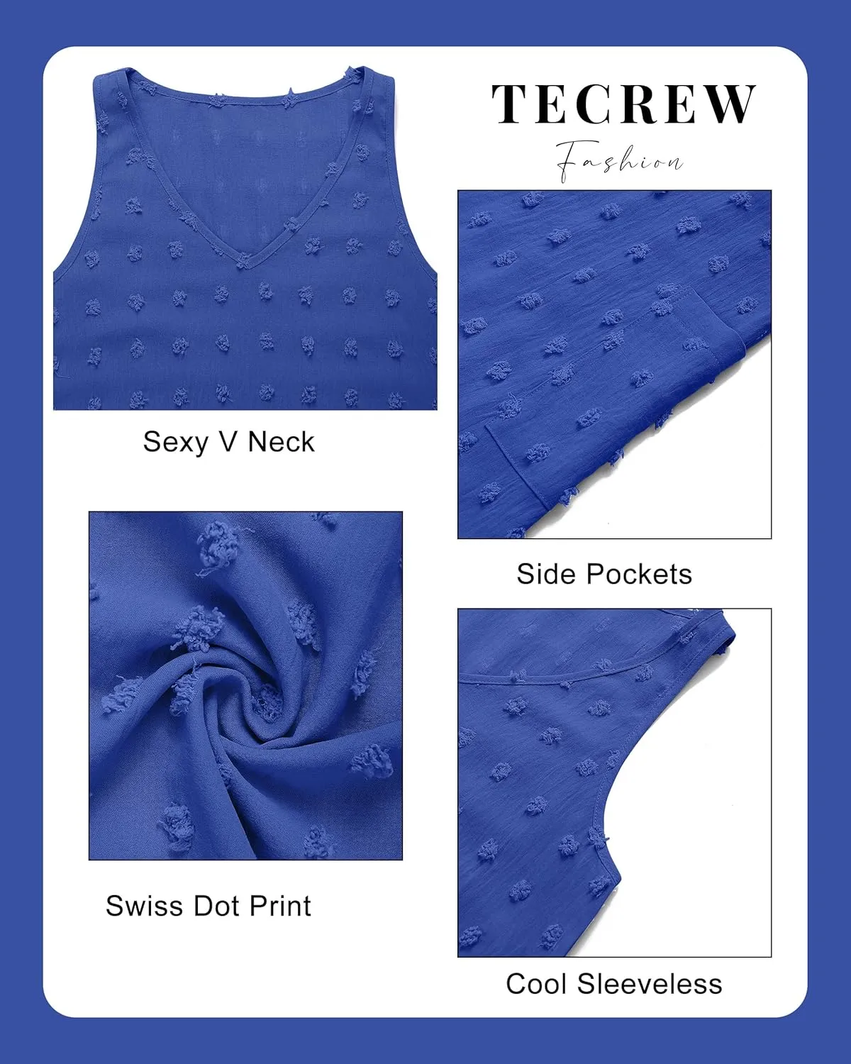 TECREW Women's Summer Sleeveless V Neck Tank Dress Swiss Dot Beach Cover Up Mini Dress with Pockets