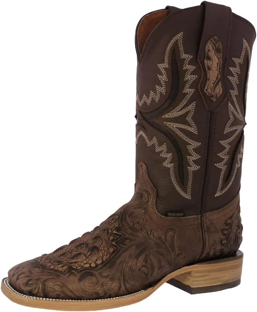 Texas Legacy Mens Brown Cowboy Boots Hand Tooled Leather Crocodile Print Square