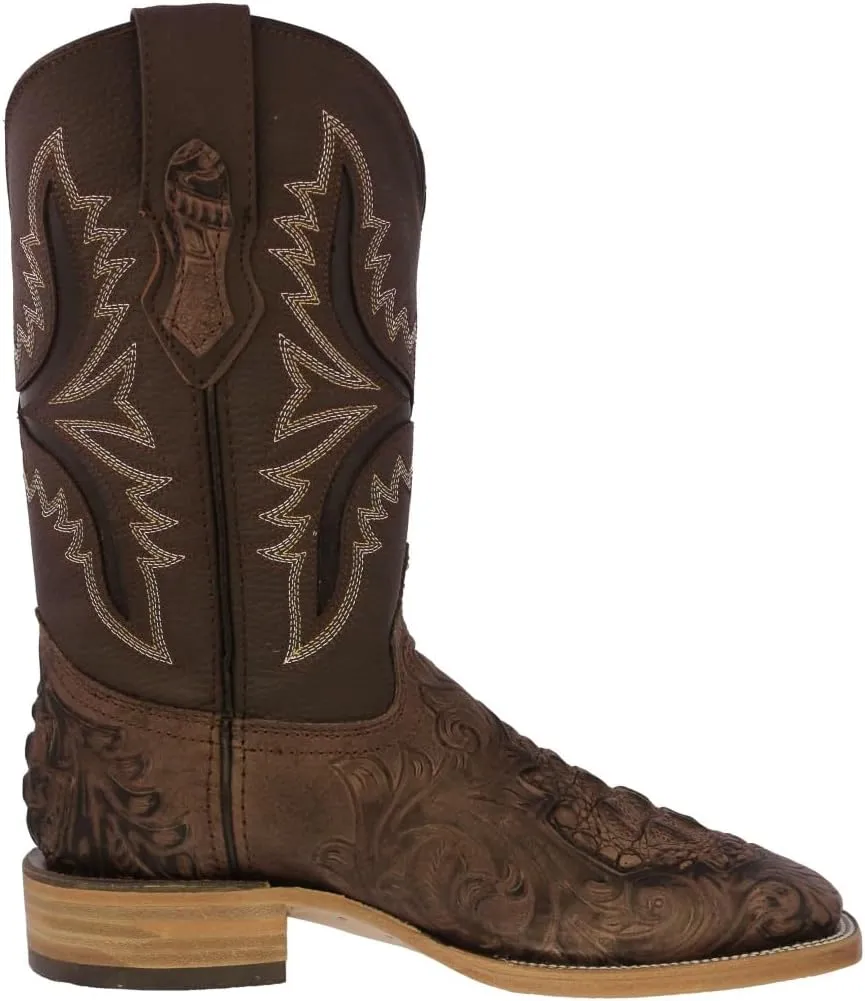 Texas Legacy Mens Brown Cowboy Boots Hand Tooled Leather Crocodile Print Square