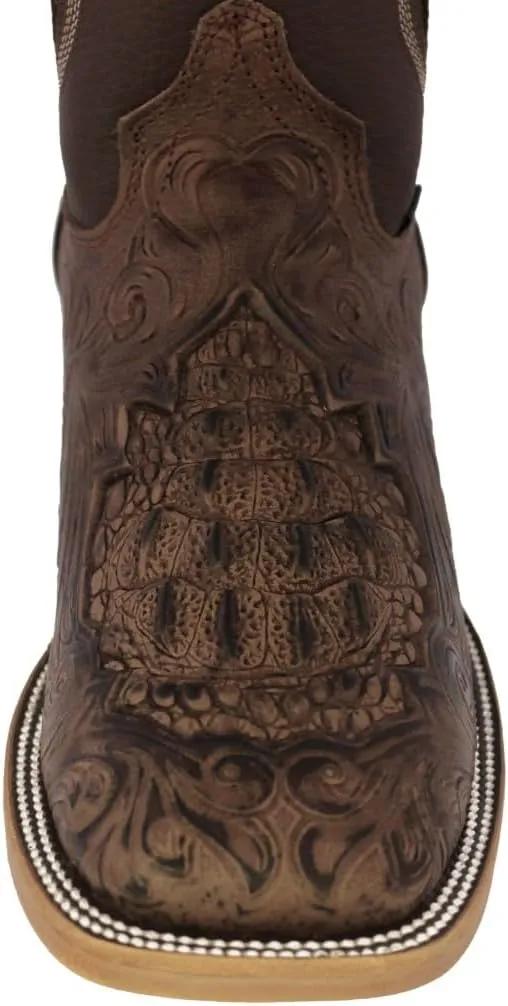 Texas Legacy Mens Brown Cowboy Boots Hand Tooled Leather Crocodile Print Square