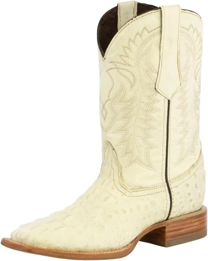 Texas Legacy Mens Off White Western Cowboy Boots Leather Square Crocodile Print