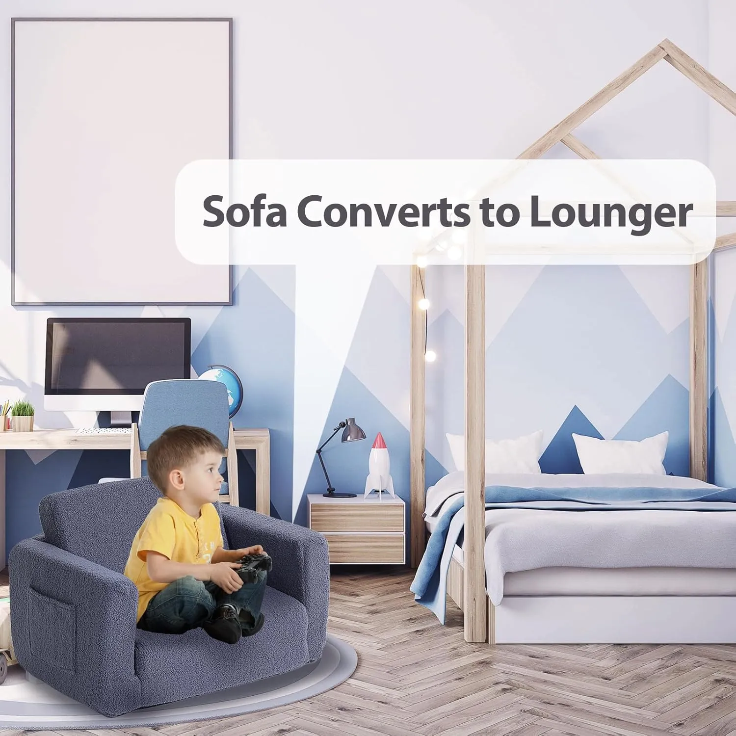 Tiita Kids Sofa, 2-in-1 Kid Chairs, Convertible Children Couch to Lounger, Flip Out Kids Chair, Toddler Armrest Chair Bed, Folding Children Play Sofa for Girl or Boy(Navy Blue)