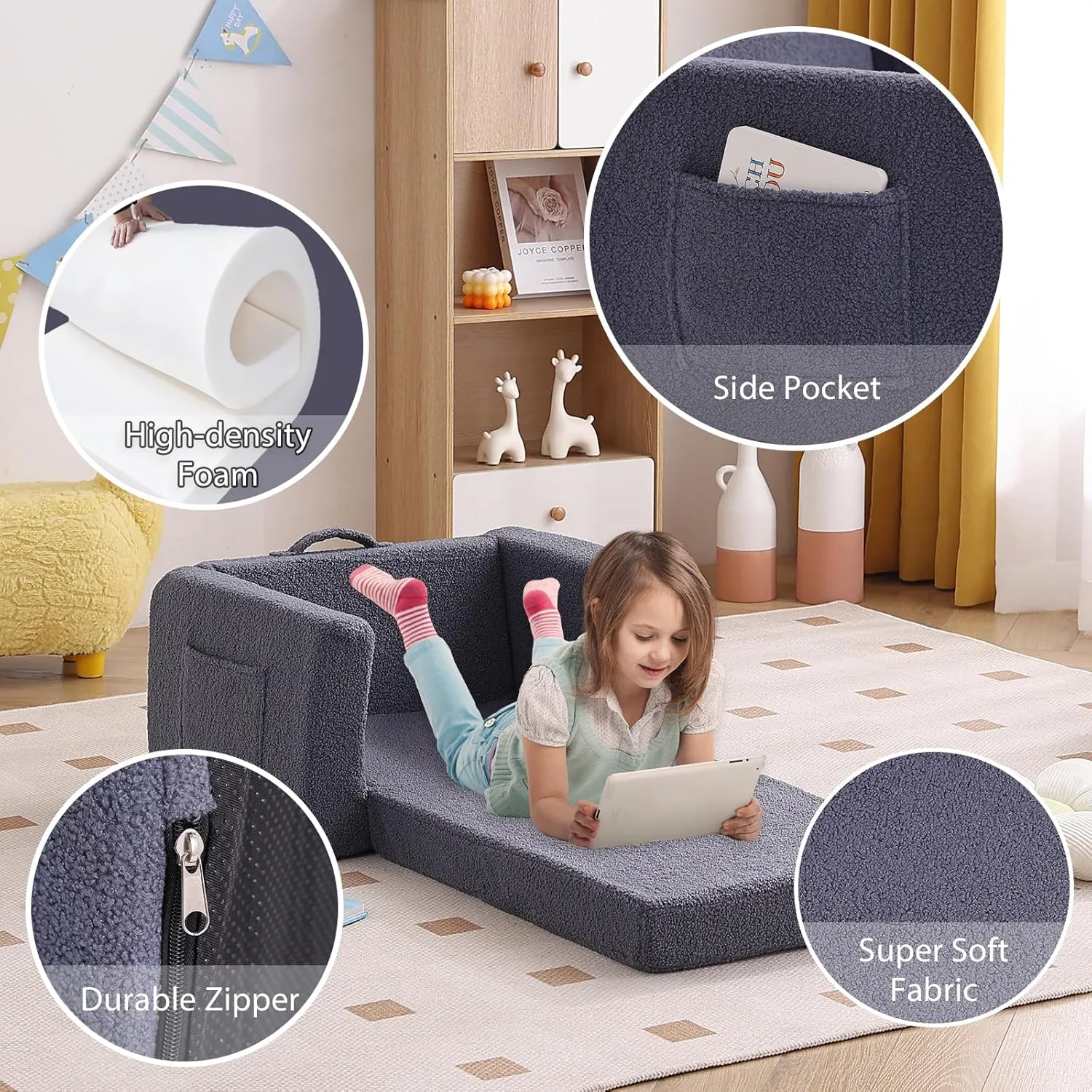 Tiita Kids Sofa, 2-in-1 Kid Chairs, Convertible Children Couch to Lounger, Flip Out Kids Chair, Toddler Armrest Chair Bed, Folding Children Play Sofa for Girl or Boy(Navy Blue)
