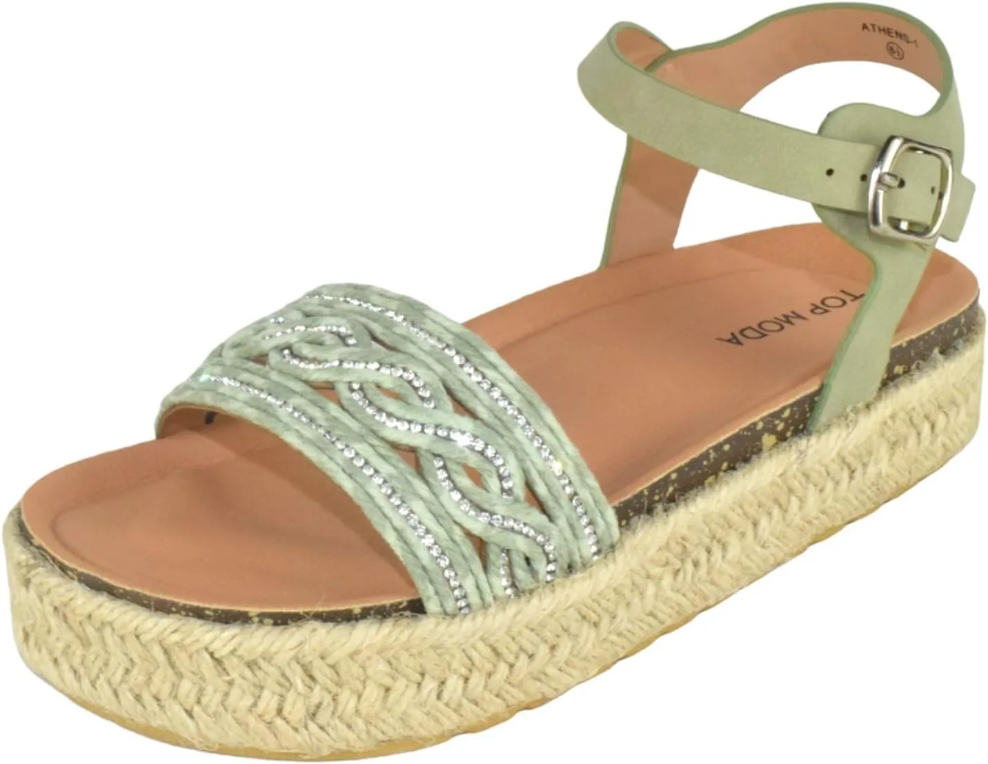 TOP Moda Shoes Women Platform Espadrille Sandals Ankle Strap Flat Footbed Buckle up Bling Rhinestone Athens-1