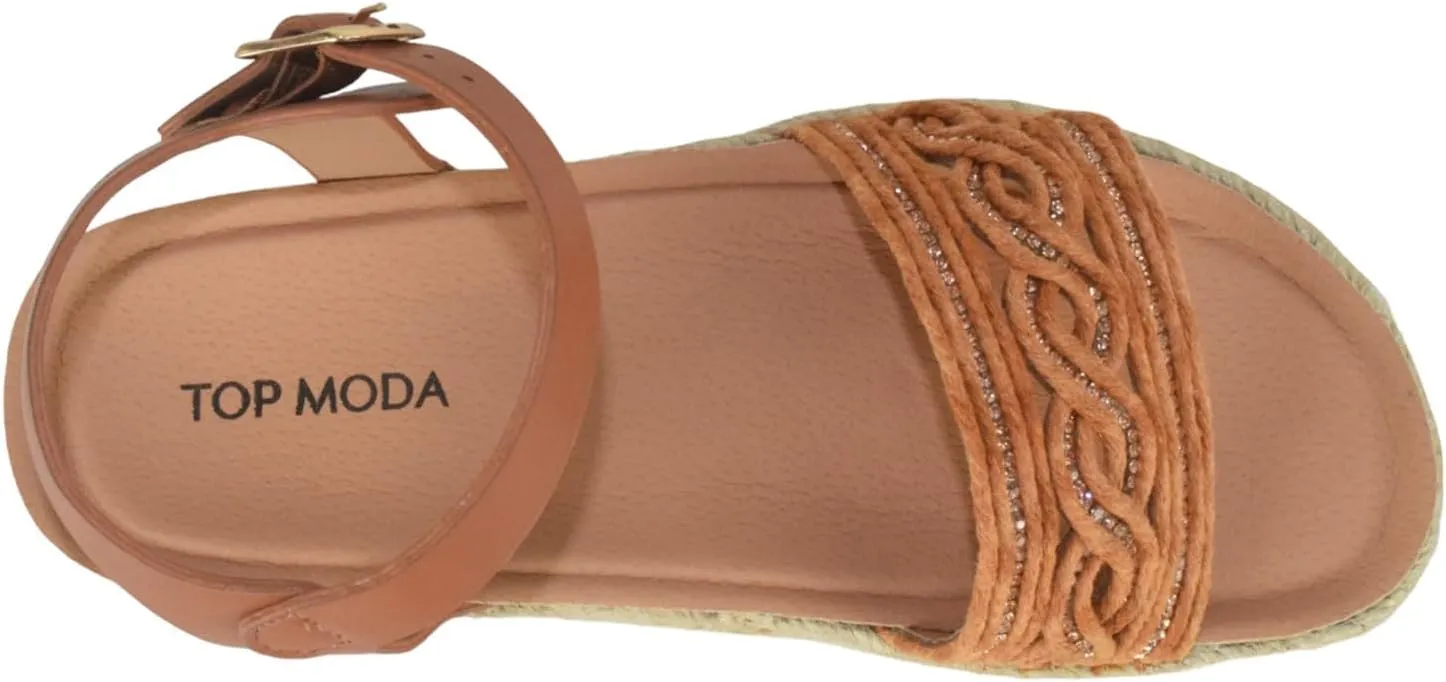 TOP Moda Shoes Women Platform Espadrille Sandals Ankle Strap Flat Footbed Buckle up Bling Rhinestone Athens-1