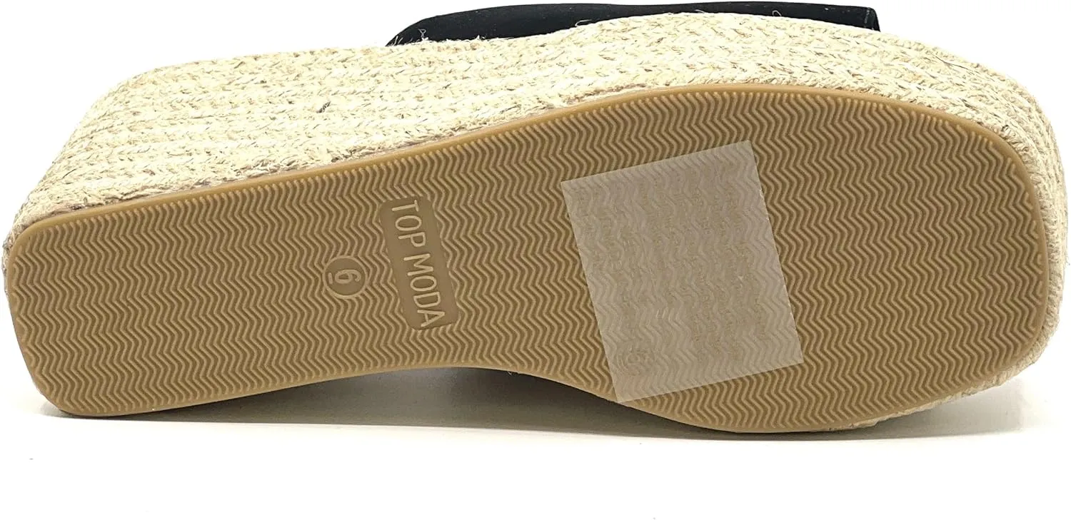 TOP Moda Women Open Toe High Wedge Jute Espadrille Slip on Slide Sandals