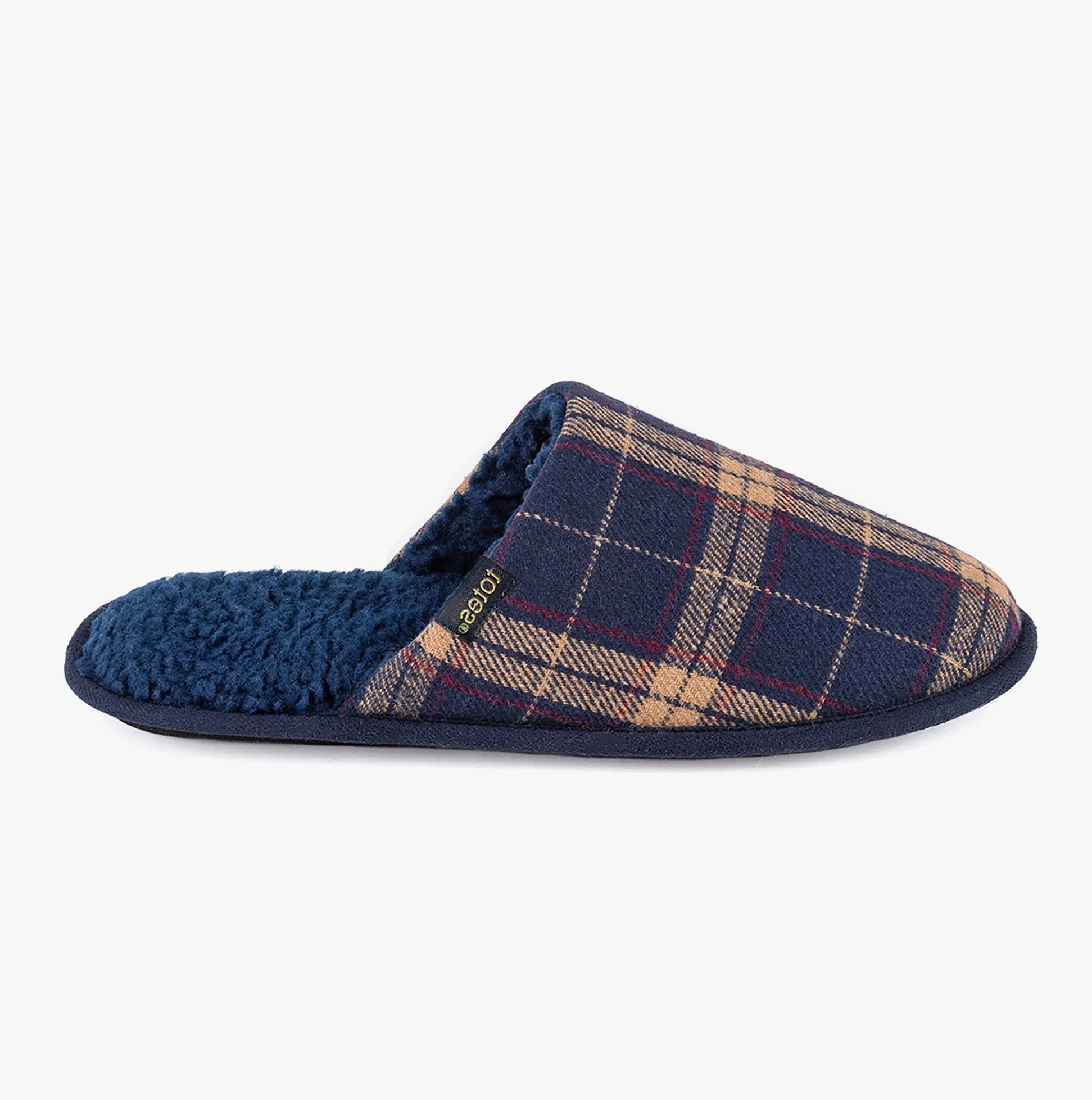 Totes Isotoner CHECK Mens Mule Slippers Navy