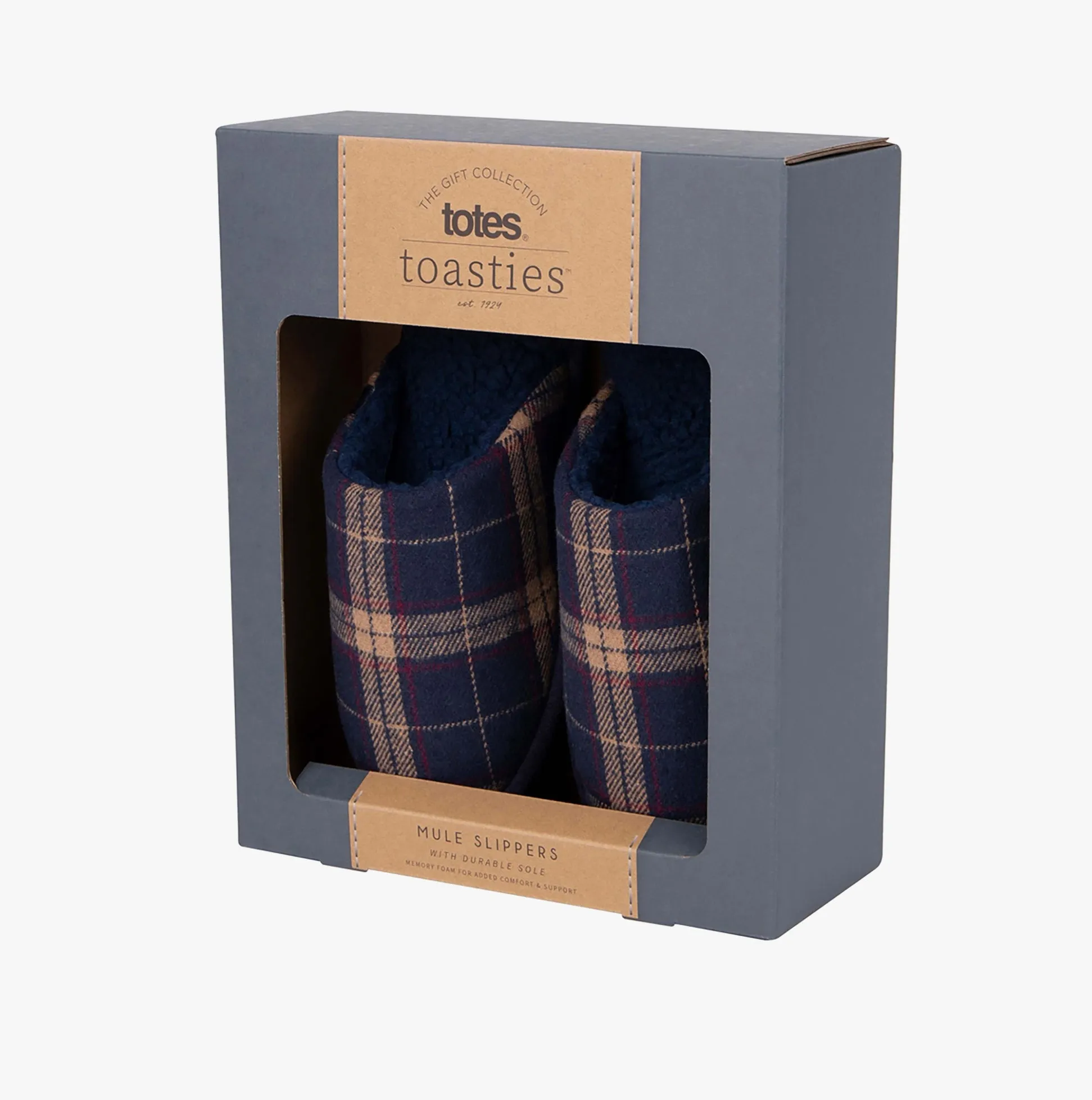 Totes Isotoner CHECK Mens Mule Slippers Navy