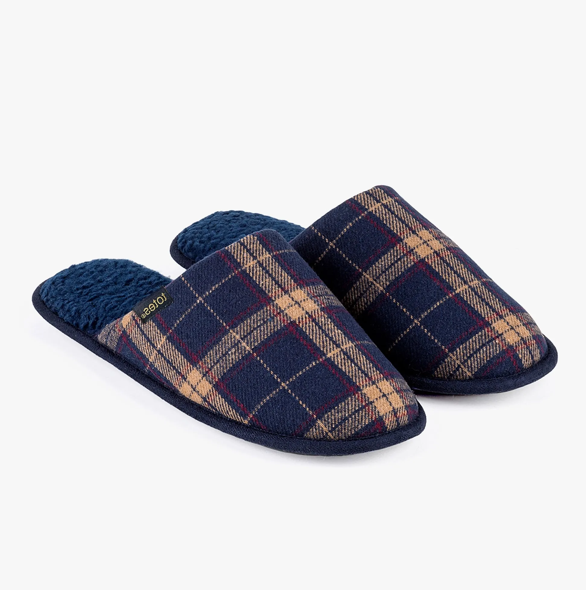 Totes Isotoner CHECK Mens Mule Slippers Navy