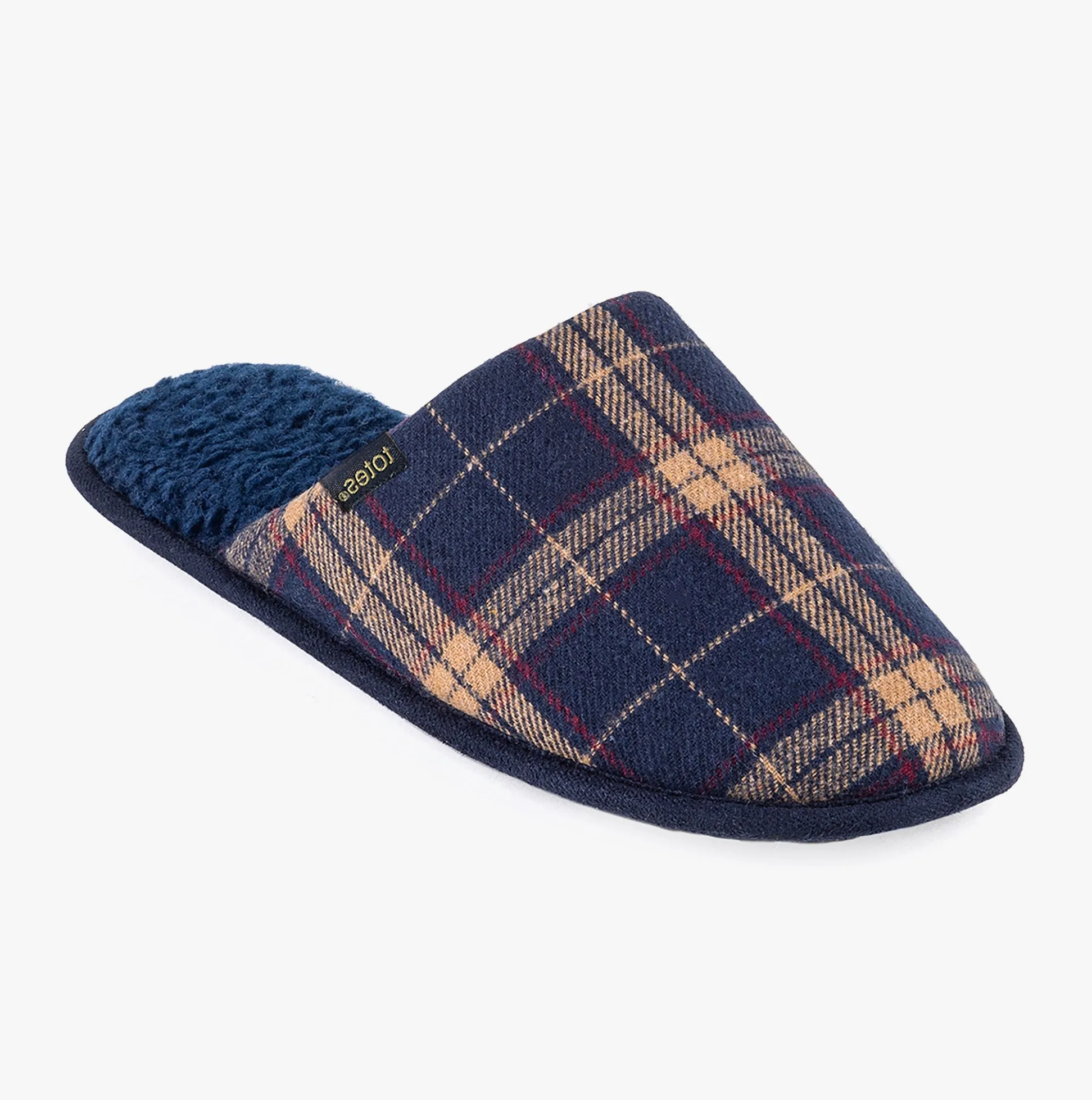 Totes Isotoner CHECK Mens Mule Slippers Navy