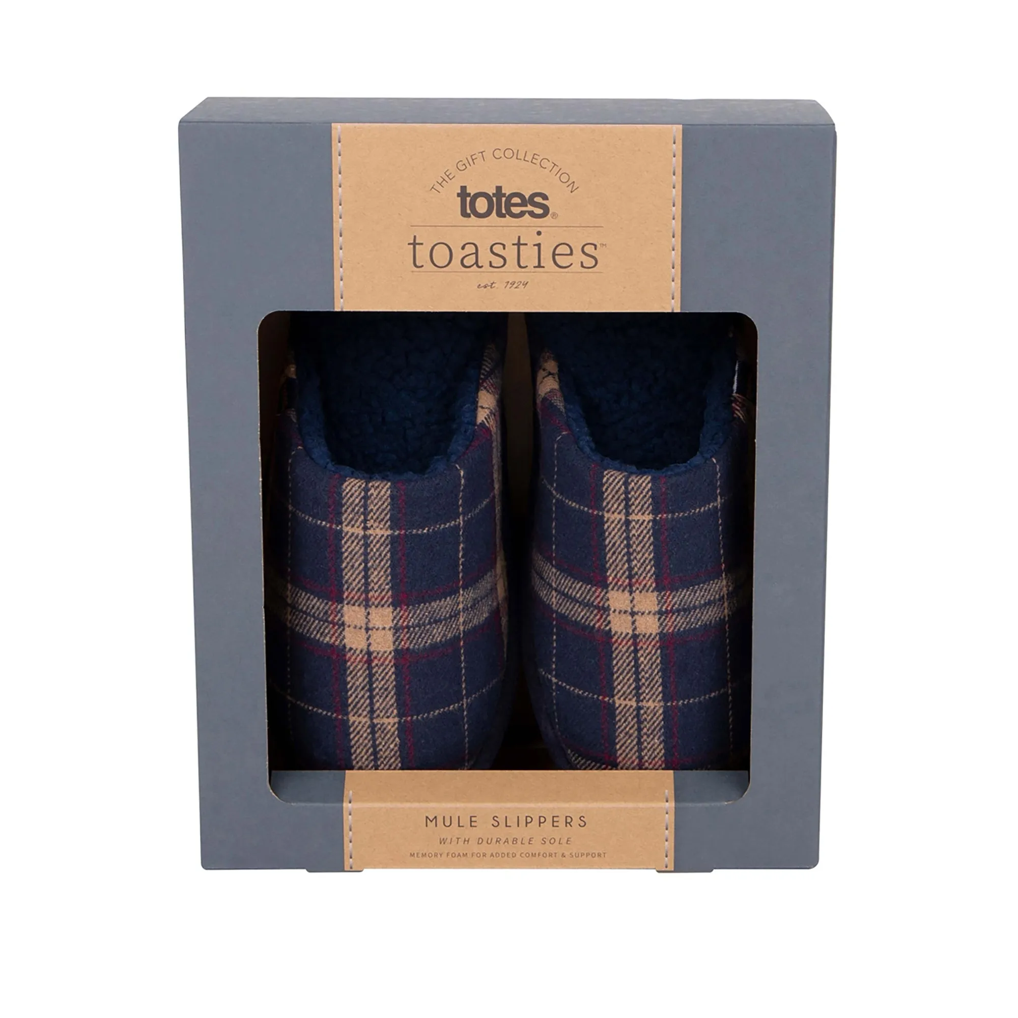 Totes Isotoner CHECK Mens Mule Slippers Navy