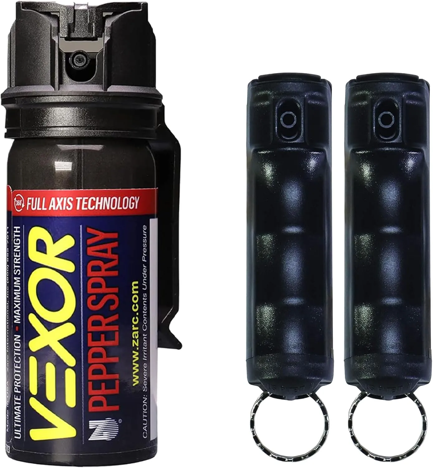 Vexor Pepper Spray 3 Pack Bundle - Full Axis with Belt Clip Self Defense Police Strength, 20 Ft. Range   2 Pack Flip-Top Finger Grip, 20  Shots, 10-12 Ft. Range