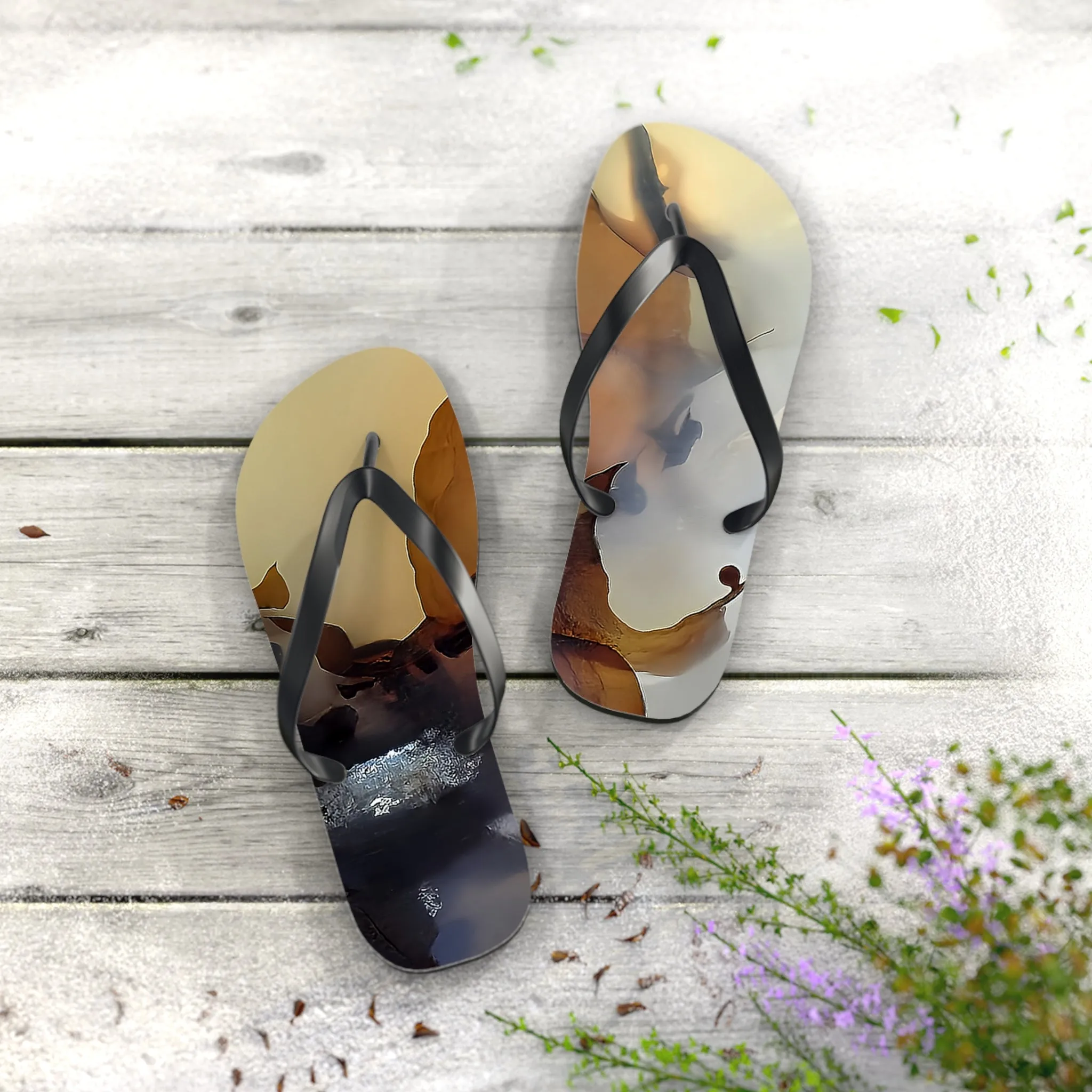 Vibrant Unisex Beachwear Flip Flops With Tie-dye Like Indonesian Plume Agate Patterns