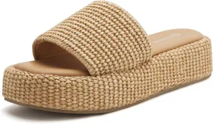 vodvob Platform Sandals for Women Open Toe Comfort Slip On Espadrille Sandals Cute Beach Straw Raffia Sandals Casual Summer Vacation for Women