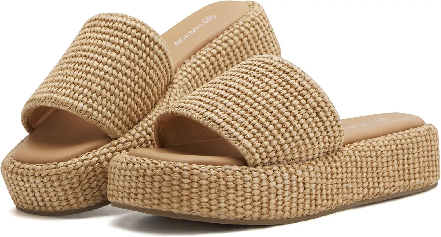 vodvob Platform Sandals for Women Open Toe Comfort Slip On Espadrille Sandals Cute Beach Straw Raffia Sandals Casual Summer Vacation for Women