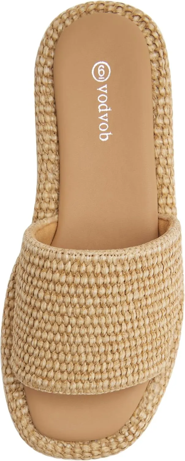 vodvob Platform Sandals for Women Open Toe Comfort Slip On Espadrille Sandals Cute Beach Straw Raffia Sandals Casual Summer Vacation for Women