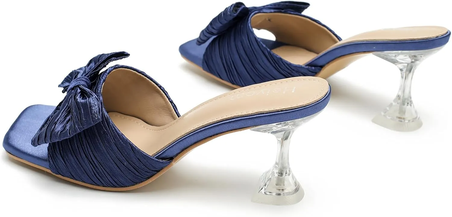 Women's Bowknot Heeled Sandals Square Toe Pleated Bow Heels Slippers Stilettos Mules Slip on Wedding Party Dress Shoe